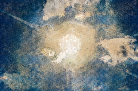 Bright sun in the blue sky. Sunbeams among the clouds. Digital watercolor painting.