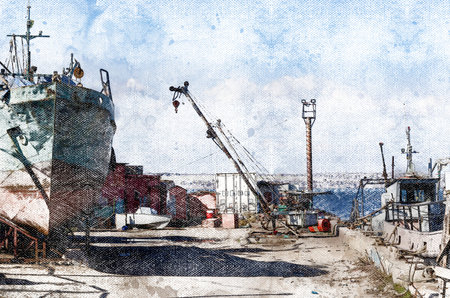 Repair of commercial fishing longboats on the pier. One longboat is socked on stocks in a dry dock....