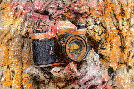 Vintage film camera in front of an oak bark. Photogoraphy theme. Digital watercolor painting
