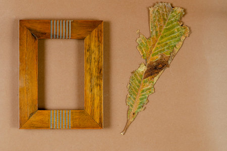 Brown wooden photo frame on brown background. One dry autumn leaf. Blank picture frame. Top view.