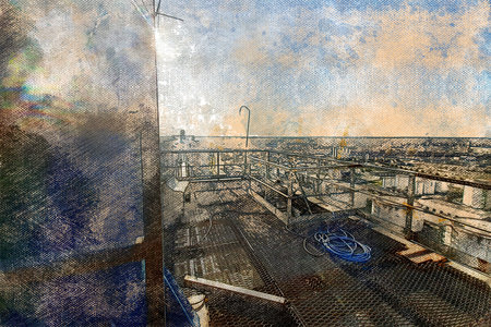 Mounting conveyor belts on top of grain storage silos. Highest technological platform of the elevator tower of perforated metal. Grain terminal. Industry. Digital watercolor painting.の写真素材