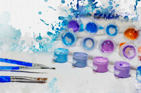 Concept of painting, art, creativity. Brushes, a set of acrylic paints and a fragment of the canvas. Digital watercolor paintingの写真素材