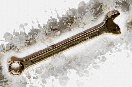 Broken open-end wrench. Forged wrench. Manual tool. Digital watercolor painting.
