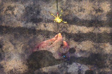 The hand holds the burning bengal lights. A woman with bright sparks of holiday lights in the dark....