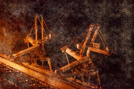 Aerial view of a commercial port at night. Two loading machines with conveyor belts on the dock. Cargo handling industry, logistics. Digital watercolor paintingの写真素材