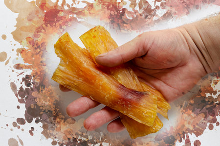 Dried beef tendon in the hand. Male hand holds Group of Hypoallergenic chewing treats for dogs. Pet...