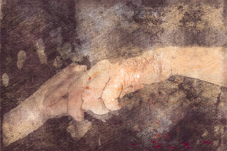 A mans hand holds a womans hand. Love, relationships, family. Digital watercolor painting.の写真素材