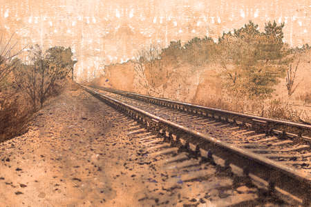 Rails going into the distance. Railroad in an autumn deciduous forest. Digital watercolor painting.の写真素材
