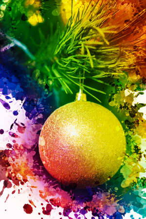 Christmas ball against a rainbow background Christmas tree ornament hanging from a pine branch. Multicolored splashes and drops of paint. Digital watercolor painting.の写真素材