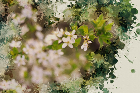 Wild Plum Blossom. Thin tree branches with delicate white petals. Springtime. Multicolored splashes and drops of paint. Digital watercolor painting.の写真素材