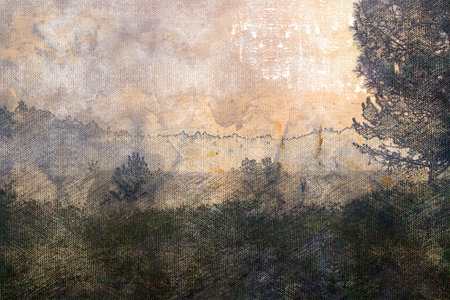 A valley covered in thick fog. Evening fog descends from the mountains in the background. Digital...