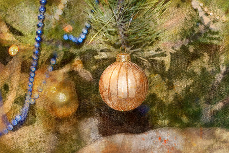 Close up view of golden christmas ball hanging on pine tree. Digital watercolor painting.
