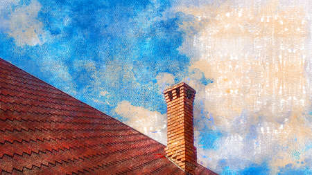 Brown roof with chimney against the blue sky. Tile roof of a cottage or country house. Real Estate. Architecture. Digital watercolor paintingの写真素材