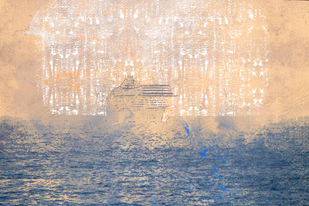 A large cruise ship sails in pink sunlight. Multideck pleasure craft with passengers on board in the...