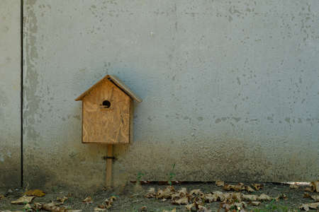 Unusually mounted birdhouse. A wooden birdhouse stands at the bottom of a concrete fence. Selective focus.の写真素材