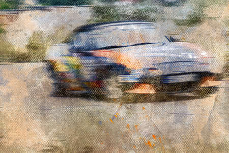 Black and orange sports car. Car on the racetrack. Digital watercolor painting.の写真素材