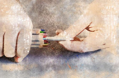 Two Hands holding multicolored pencils. Digital watercolor painting.の写真素材