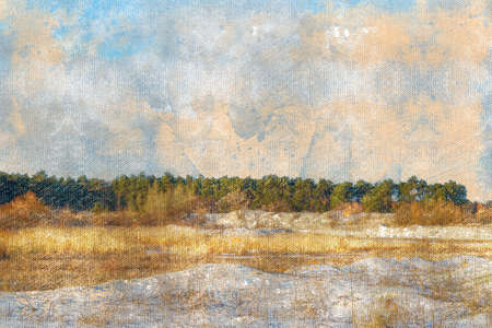 Winter. Landscape. Frozen lake with reeds against a green forest. Digital watercolor painting.の写真素材