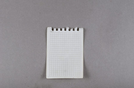 Sheet of paper torn from spring-loaded notebook on gray background. Top view. Flatlay. Copy spaceの写真素材