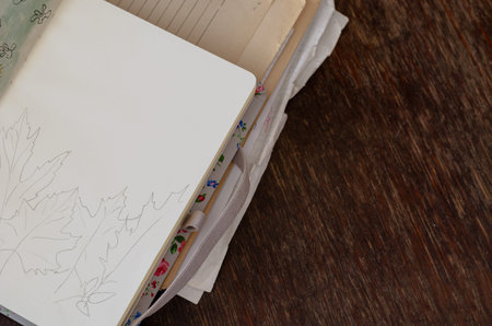 Pencil outline of autumn leaves. Hand-drawn sketch in an open notebook. Part of a series.