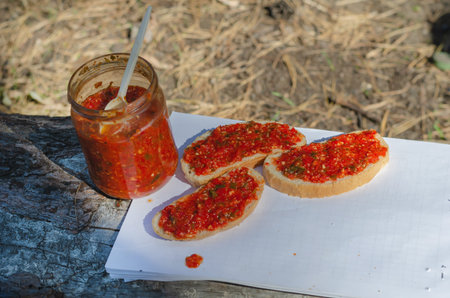 Adjika sandwiches. Three slices of bread smeared with spicy adjika on a white sheet of paper in a...
