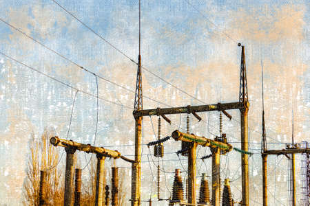 High voltage power transformer substation. Wires, insulators against the sky. Digital watercolor painting.の写真素材