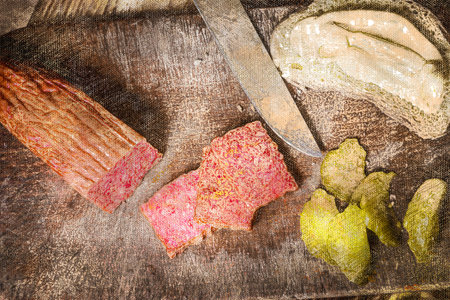 Salami, salted cucumber, bread, oil. Food. Still Life. Digital watercolor painting