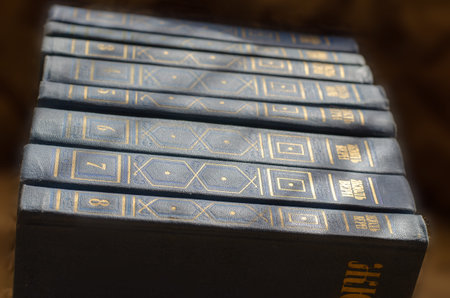 The novels of Jules Verne. Blue hardcover books with literary works of the famous French writer....