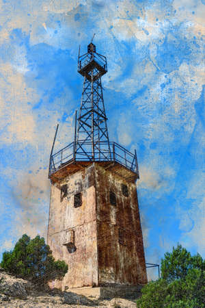 Meteorology. Old rusty meteorological station opposite blue sky. Stationary establishment for regular meteorological observations of the state of the atmosphere. Digital watercolor painting.の写真素材