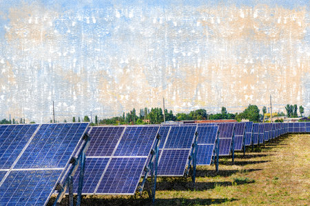 Solar power plant in the field. Rectangular solar panels for energy recycling. Digital watercolor...