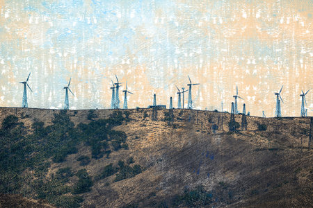Wind power plant in the mountains. Wind generators installed on a mountain slope. Industry. Digital...