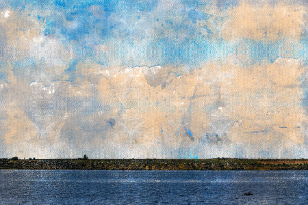 Wide river with a precipitous opposite bank. The mouth of the river Southern Bug. Fisherman in a...