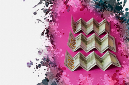 Three hundred American dollars in bills. Paper bills folded in a zigzag pattern. Digital watercolor painting.の写真素材