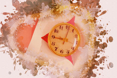Time 9 o'clock. Circular dial of a mechanical clock. Digital watercolor painting.の写真素材