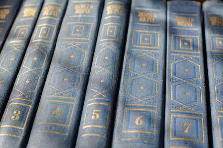 The novels of Jules Verne. Blue hardcover books with literary works of the famous French writer. Multivolume collection. Ukraine, Mykolaiv - 10 11 2021のeditorial素材