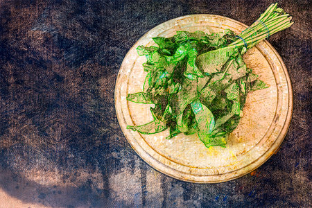 Bunch of raw green sorrel on a wooden chopping board. Digital watercolor paintingの写真素材