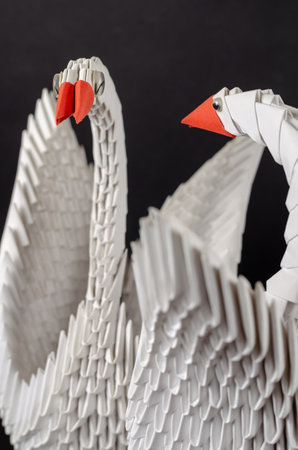 Modular origami or unit origami. A pair of white paper swans. A symbol of love and fidelity. Creativity skill hobby art. Selective focusの写真素材