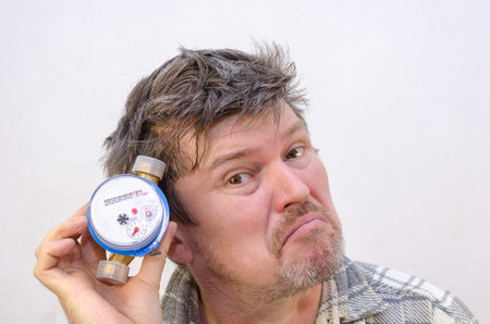 The male grimaces and listens to the water meter with it to his ear. A man with tangled, disheveled...