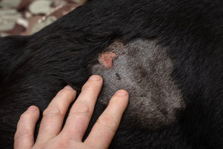 Abscess in an adult female Rottweiler. A shaved wound on a Rottweiler. Adult male touching the...