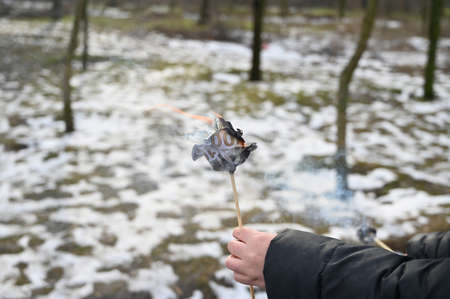 A woman's hand holds a burning paper flower in front of a winter park. Origami rose made from hundred dollar bills. side view. selective focus.の写真素材