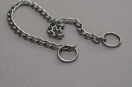 Silver metal chain with two rings on a gray background. Tugging dog leash. selective focus.