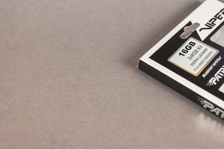 Patriot DDR4 16GB 3200Mhz Viper 4 Blackout against a gray background. New cardboard cardboard with memory Patriot. accessories for computers.のeditorial素材