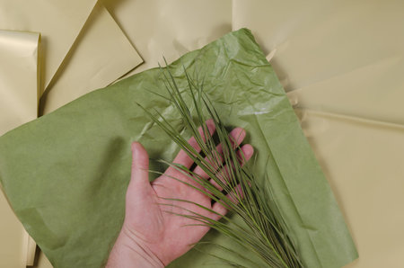 A green palm branch lies in the man's hand against the beige-green background. view from above.