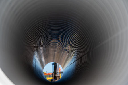 Inside the plastic corrugated pipe. Polypropylene pipe for laying in the ditch. Defocused image of construction equipment on the back end of the pipe.のeditorial素材