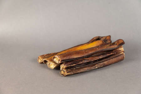 Pet chew treats. Natural dog dried treats against a gray background. Group of bully sticks. pet supplies.の写真素材