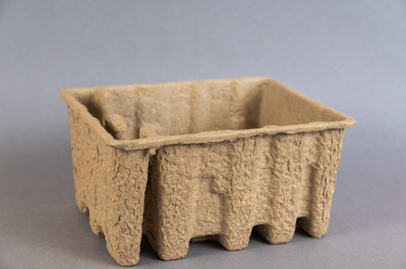 Empty brown container of pressed cardboard. Sealer or recycling tray against a gray background.