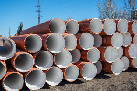 Stack of new orange polypropylene pipes outside. Plastic pipes for laying in the gutter. industrial...