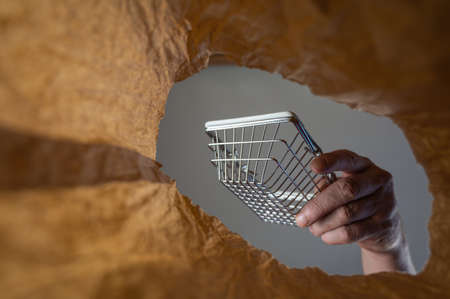 A hand takes out a shopping cart in a paper bag. A mature man's hand holds an empty shopping cart over an open brown bag. Shot from the bottom up. close up. selective focusの写真素材