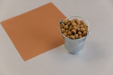 A full metal bucket of dry pelleted dog food. Small silver thigh with dog food standing against a...