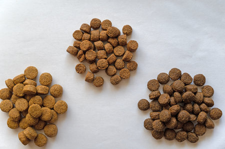 Three piles of different types of pet food against a neutral background. Round brown pellets of dry...